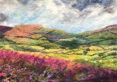 an artistic painting of flowers and hills