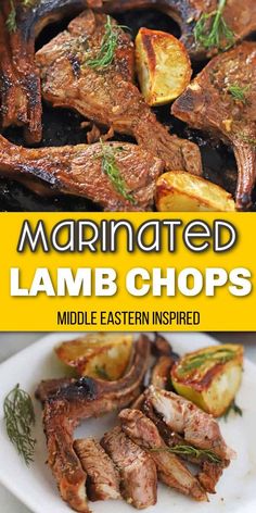 marinated lamb chops on a plate with potatoes and herbs