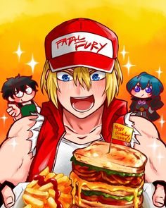 an anime character holding up a giant sandwich and french fries