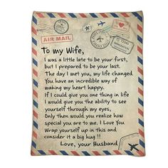 an air mail themed pillow with the message to my wife