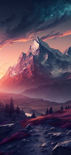 a painting of a mountain range at sunset