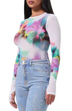 AFRM Kaylee Print Mesh Top | Nordstrom Night Tops, Jewel Neck, Pansies, Blur, Blossom, Top Blouse, Floral Prints