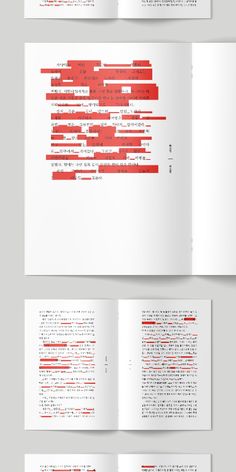 an open book with red text on the cover and inside pages, all lined up