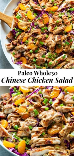 two plates filled with chicken salad on top of each other and the words paleo whole 30 chinese chicken salad below