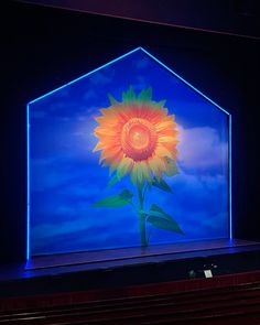 a large sunflower painted on the side of a blue wall in a dark room