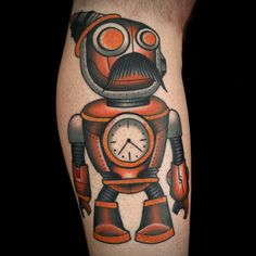 a robot tattoo with a clock on it's arm