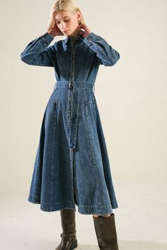 A washed denim midi dress featuring shirt collar, long sleeve, button down with self belt and full skirt 92% COTTON 8%POLYESTER Chic Washed Long Sleeve Denim Dress, Long Sleeve Washed Denim Dress For Work, Chic Washed Blue Denim Dress For Fall, Washed Denim Dress For Workwear In Fall, Fall Denim Dress Washed For Workwear, Fall Denim Dress For Workwear, Washed, Dark Wash Long Sleeve Washed Dress, Long Sleeve Medium Wash Shirt Dress For Fall, Knee-length Washed Blue Denim Dress For Fall