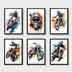 four framed pictures of dirt bike riders in watercolor paint splattered on the wall