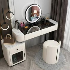 a dressing table with a mirror and stool