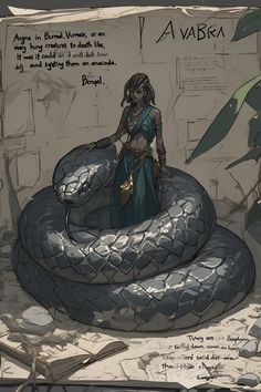 a drawing of a woman standing next to a giant snake