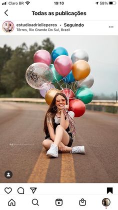 a woman sitting on the ground with balloons in front of her and an instagramr above her