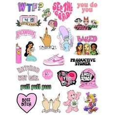 various stickers are shown on a white background