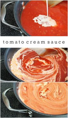 three pictures showing how to make tomato cream sauce