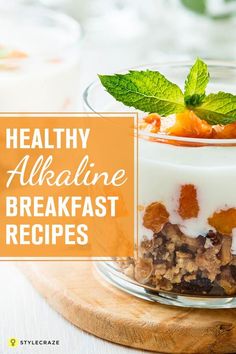 healthy alcaline breakfast recipe with yogurt, granola and fresh mint leaves