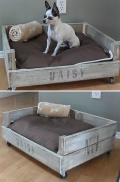 a dog sitting on top of a wooden bed with pillows in it's sides