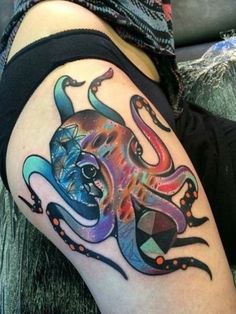 an octopus tattoo is shown on the arm and leg, with colorful colors in it