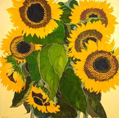 a painting of sunflowers in a glass vase