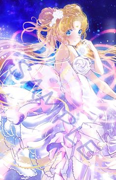 an anime character with blonde hair and blue eyes, wearing a white dress in front of stars