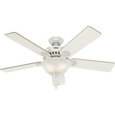 a ceiling fan with two white blades and a light on the bottom one is turned off