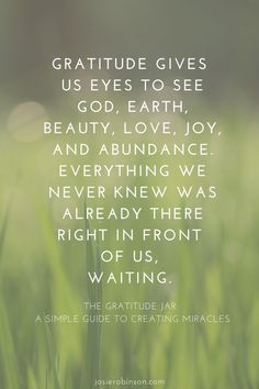 grass with the words, gratitude gives us eyes to see god, earth, beauty, love joy and abundance