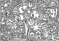 an abstract black and white drawing with lots of different things in the background, including cats