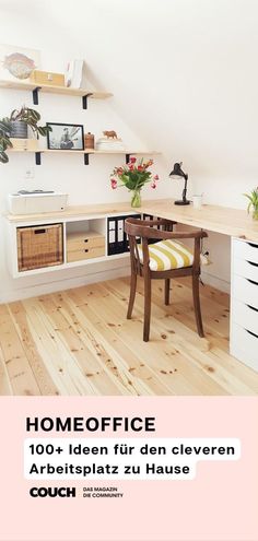 the interior of a home office with wooden flooring and white walls, is shown