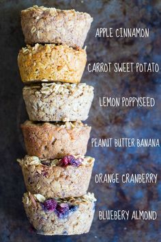 four muffins stacked on top of each other with the words, apple cinnamon carrot sweet potato lemon poppy seed