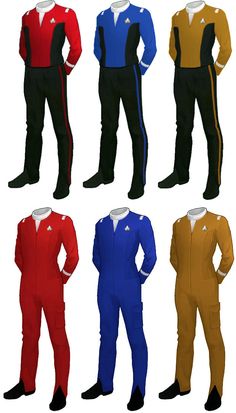 four different colored men's jumpsuits with one man standing in the middle