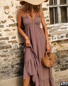 Fisdy - Vestido acampanado sin mangas para mujer Flared Dress, Halter Maxi Dresses, Halterneck Dress, Maxi Dresses Casual, Country Wedding, Pink Fashion, Floral Print Dress, Flare Dress, Apricot