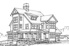 a drawing of a large house with lots of windows