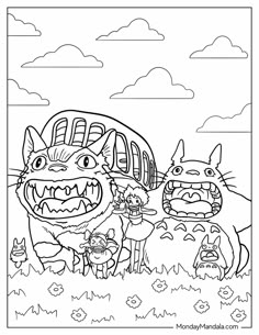 an adult coloring page with two cartoon characters in front of a large monster and other animals