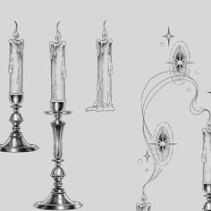 an old fashioned drawing of candles and candle holders