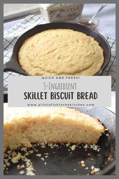 The Pin has two pictures. The top photo is of golden brown skillet biscuit bread in a black cast iron skillet next to a small bowl of strawberry jam. The second photo a slice of fluffy biscuit bread from the side. Creamy Chicken Pot Pie, Bread Recipe Video, Skillet Bread, Classic Pot Roast, Fresh Breakfast, Hot Bread, Iron Skillet Recipes, Biscuit Bread