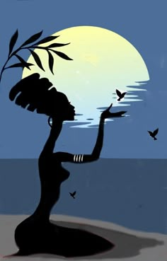 a woman sitting on the beach holding a plant in front of a full moon and flying birds