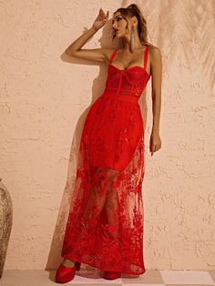 Without a doubt the most incredible gown you've ever laid eyes on. Arrive at your event in style, you'll be looking drop dead gorgeous & turning heads in this stunning gown. Red fabric is a must for making a statement. Amirah Maxi Dress In Red is covered in floral embellishments with scattered sequins throughout, a sheer bodice & skirt & sewn in mini skirt lining. An unregrettable & unforgettable choice for your special event. Material: Bandage (90% Rayon, 9% Nylon, 1% Elastane) Invisible zipper Red Sleeveless Evening Dress With Sheer Bodice, Red Evening Dress With Sheer Bodice, Red Prom Evening Dress With Sheer Bodice, Red Wedding Dress With Sheer Bodice, Red Gala Dress With Sheer Bodice, Red Lace Gown For Party, Red Lace Party Gown, Red Wedding Gown With Sheer Bodice, Red Evening Dress With Sheer Bodice For Gala