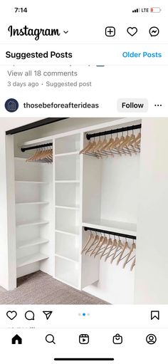 a white closet with shelves and clothes hanging on the hooks, in front of an instagram page