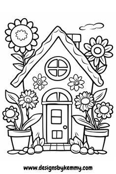 a house with flowers and potted plants in front of it, coloring page for kids