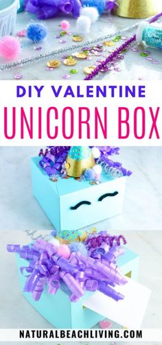 an unicorn box with purple and pink streamers on the top, and text overlay that reads diy valentine unicorn box