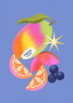 an illustration of fruit with the word fresh on it and blueberries, oranges, and starburst