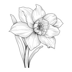 a black and white drawing of a daffodil flower on a white background