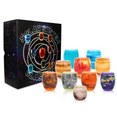 PRICES MAY VARY. THE SOLAR SYSTEM IN YOUR HANDS: Reach for the stars at every meal. Expand your world with this Planetary Glassware Set that orbits the center of the Milky Way galaxy, or at least orbits around your dining room table. OUT OF THIS WORLD: Bring refreshments to your universe with these cosmically awesome tumbler glasses. This galactic drinkware set of 10 Planetary Glasses represents our Solar System, including 8 planets, Pluto, and the Sun. HIGH-GRADE GLASSWARE: This BPA-free glassw Watch Party Food, 8 Planets, Drinkware Sets, Space Lovers, Milky Way Galaxy, Glass Tumblers, Bar Glassware, Our Solar System, Glassware Set