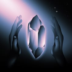 two hands holding a crystal in front of a star filled sky with the moon behind them