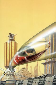 an artist's rendering of a flying saucer with two people on it and buildings in the background