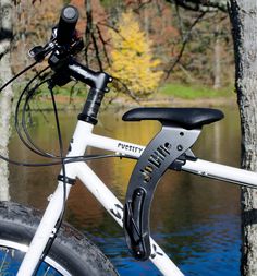 a bicycle parked next to a tree in front of a body of water