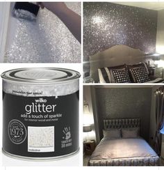 two pictures showing the process of painting a bed with glitter on it and an open can of paint