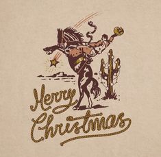 the cowboy is riding his horse and holding a lasso with merry christmas written on it