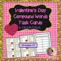 valentine's day compound words task cards with gold glitter border and pink checkered background