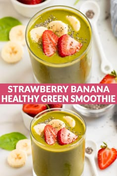 two glasses filled with green smoothie and strawberries