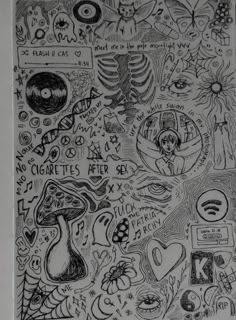 a black and white drawing with many different things on it