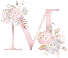 the letter m is decorated with pink flowers and silver leaves on a light pink background